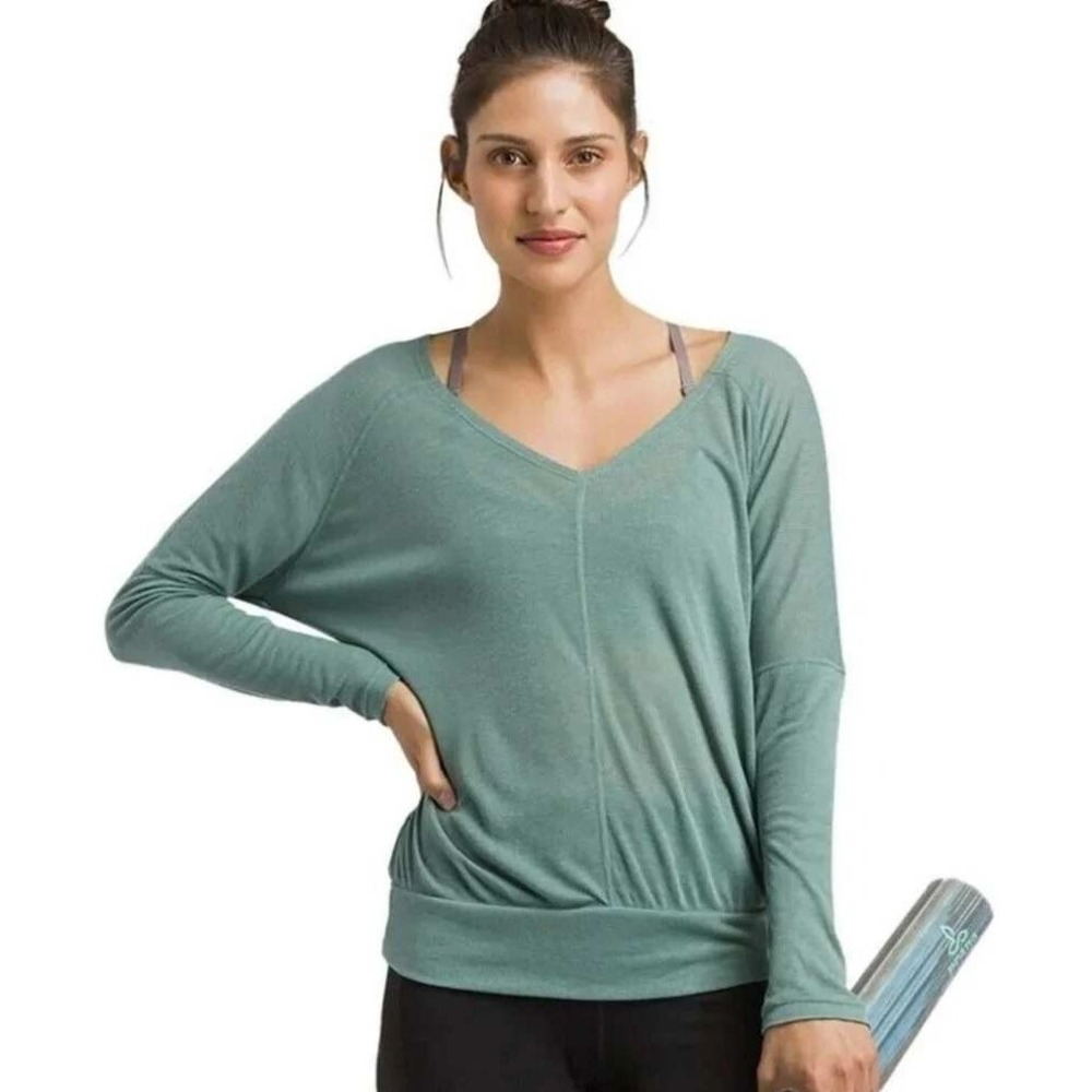 Prana Foundation Top Womens Small Green Yoga Ribbed Long Sleeve Athleisure
